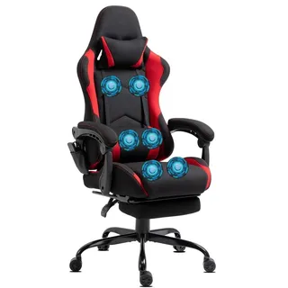 Delman Gaming Stuhl Racing Stuhl Bürostuhl Computerstuhl Massagefunktion mit 6 Vibirationspunkten Chefsessel atmungsaktive Stoff Ergonomische Fußstütze 0036 Rot - Rot