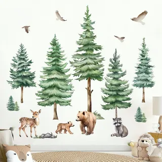 decalmile Wandtattoo Baum Große Kiefer Wandaufkleber Waldtiere Bär Wandsticker Kinderzimmer Babyzimmer Spielzimmer Wanddeko(H:90cm/ 35.4 Inches)