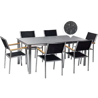 BELIANI Gartenmöbel Set 7-Teilig Schwarz Edelstahl 6 Stühle Polyester Tisch 180x90 cm Sicherheitsglas Keramik Gartenausstattung Terrasse Outdoor Indoor - Schwarz, Silber