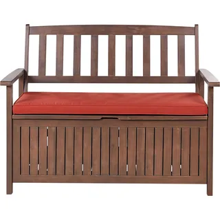 BELIANI Gartenbank Dunkelbraun Akazienholz 120 cm mit Auflage Rot Armlehnen Stauraum Modern Rustikal Garten Terrasse Wintergarten Ausstattung Outdoor - Dunkelbraun, Rot