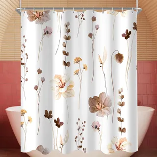 Lerores Duschvorhang 200x200 cm Braun Blume,Beschwerter Saum Antischimmel,Wasserabweisend, Waschbar Polyester Badevorhänge mit 12 Ösen und Duschvorhangringe für Badezimmer,Badewanne