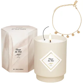 MY JOLIE CANDLE - Duftkerze Teeblüte – Schmuck Überraschung Armband Gold – Geschenk für Damen Mama – natürliches Wachs – französischer Duft – Baumwolldocht