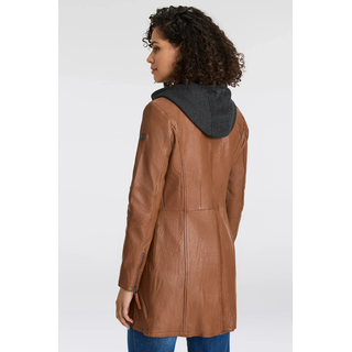 Ledermantel MAURITIUS "Bente", Damen, Gr. 3XL/46, braun (cognac), Obermaterial: 100% Schafsleder. Futter: 100% Baumwolle. Kapuze: 55% Polyester, 45% Baumwolle. Ärmelfutter: 100% Polyester, kontrastfarbene Details, sehr figurbetont Po-bedeckend, mit Reißverschluss, Mäntel Ledermantel, 2-in-1-Lederjacke mit abnehmbarem Kapuzen-Inlay aus Jerseyqualität, Topseller
