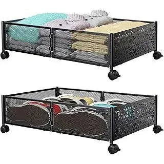 PHINOX Unterbett-Aufbewahrungsbox mit Rollen, 2 Stück faltbare Metall-Unterbettkommode zur Kleideraufbewahrung, schwarz, werkzeuglose Montage, offenes Design für einfachen Zugriff, 40×60×16?cm - Schwarz