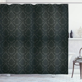 ABAKUHAUS Damast Duschvorhang, Damast-Motive, Stoffliches Gewebe Badezimmerdekorationsset mit Haken, 175 x 240 cm, Schwarz Grau