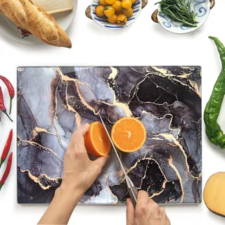 Kitchenville Glasschneidebrett 40×30 cm – Hygienisches Schneidebrett aus gehärtetem Glas – Hitzebeständig, Kratzfest & Rutschfest – Glasplatte für die Küche – Grau & Gold