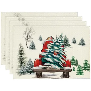 Artoid Mode Lastkraftwagen Bäume Weihnachten Platzsets 4er Set, 30x45cm Urlaub Winter Bankett Tischsets Waschbar Platzdeckchen Küche Party Deko