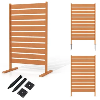 COSTWAY Gartenzaun wetterfest 93x154,5cm, Sichtschutzzaun Holzoptik mit Spießen aus HIPS & Metall, Paravent Raumteiler freistehend Outdoor Braun - Braun