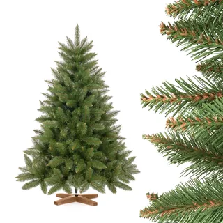 FairyTrees Weihnachtsbaum künstlich 150cm FICHTE Natur mit Christbaum Holzständer | Tannenbaum künstlich mit grünem Stamm |  EU - Grün