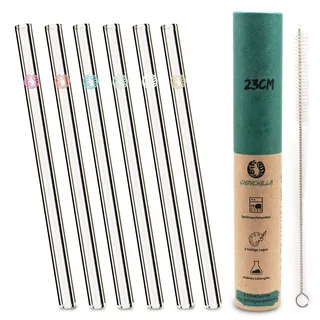 Chinchilla Chinchilla® Trinkhalm aus Glas 23cm | 6 Stück Transparent mit Logos | Wiederverwendbare & Plastikfreie Trinkhalme aus BPA-freiem Glas | inklusive Aufbewahrung & Reinigungsbürste