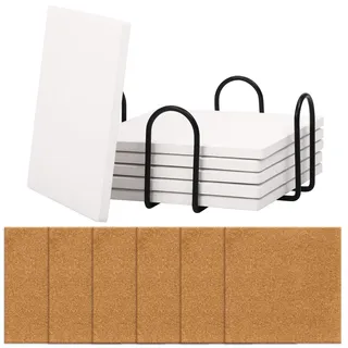 Belle Vous 6er Pack Untersetzer für Gläser - Glasuntersetzer Set aus Keramik - Tassenuntersetzer Coasters Korkunterlage - Glas Untersetzer-Set und Halterung - Weiß