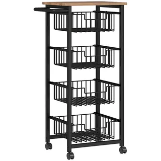 Homcom Küchenwagen Servierwagen mit Arbeitsplatte, 4 ausziehbaren Stahlkörben, Eiche , Naturfarben , Metall , 31x91x49.5 cm , Esszimmer, Servierwagen