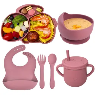 Domueay Baby Geschirrset 6 Stücke Kinderteller mit Saugnapf Schüssel Lätzchen Tasse Löffel Gabel Silikon Babygeschirr Rutschfest Abwaschbar Baby Essen Set BPA Freie,Rosa Kaninchen