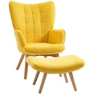 Homcom Ohrensessel mit Hocker, Relaxsessel, Polstersessel in Cord-Optik, mit Holzbeine , Gelb , Echtholz,Buche , Füllung: Schaumstoff,Schaumstoff , 80x101x72 cm , Wohnzimmer, Sessel, Relaxsessel