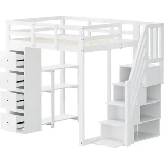 okwish Hochbett 90x200cm mit Stauraumregal und Schubladen Weiß ohne Matratze