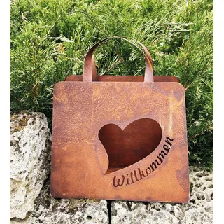 Edelrost Große Handtasche 32x37cm Tasche zum Bepflanzen Willkommen mit großem Herz Rost Pflanztasche Blumentopf Windlicht Edelrost Gartendeko