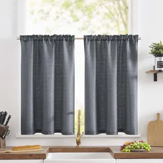 TOPICK Scheibengardine Leinenoptik Bistrogardine 2er Set 115Hx90B cm Uni Kurzer Küche Vorhänge Gewebe Gitter Lichtdurchlässig Paarig Schals für Wohnzimmer Landhaus Kleine Fenster Grau