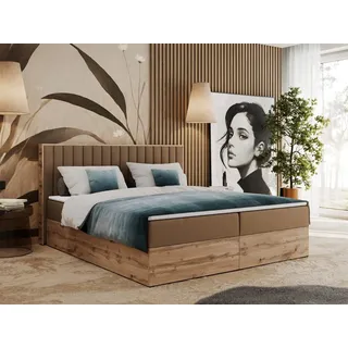 MKS Meble Boxspringbett, Zwei Bettkästen, Komplett-Set mit Matratze und Topper - Albero-4 - 140x200cm - Braun Kunstleder - H3 - Braun
