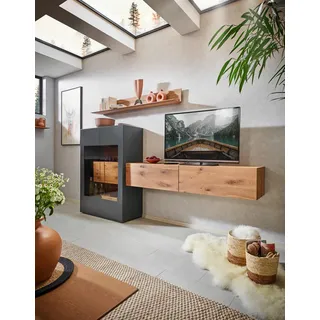 Valnatura Wohnwand , Anthrazit, Eichefarben , Holz, Glas , Kerneiche , massiv , 2 Fächer , 299x148x44 cm , Goldenes M, Dgm , Typenauswahl, Beimöbel erhältlich, umfangreiches Zubehör erhältlich , Wohnzimmer, Wohnwände, Komplette Wohnwände