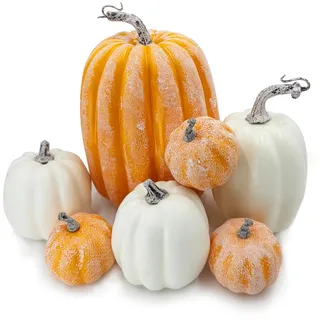 DOJoykey 7 Stück gelbe und weiße Großer künstlicher Kürbis für Herbstkränze, Herbst-Haustisch, Erntedankfest, Halloween-Party-Dekoration
