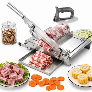 Moongiantgo Manueller Gefrorener Fleischschneider, 27cm Doppelklinge | 0-57mm Dicke Einstellbar, Edelstahl Rippen Fleischschneider, Schwerlast, für Fisch, Hähnchen, Fleisch, Gemüse, Delikatessen