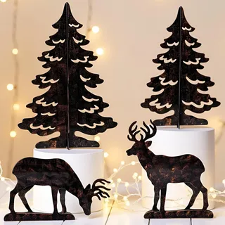 YULETIME 4-teiliges Weihnachts-Silhouetten-Set aus Metall, Rentier und Baum, Winterwald, Hirsch und Fichte, Landschaft, Urlaub, Tischdekoration