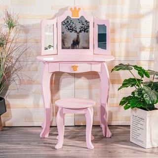 Zstar Kinder-Schminktisch, Mädchen-Schminktisch mit dreifach klappbarem Spiegel, Hocker und Schublade, 2-in-1-Schminktisch aus Holz im Prinzessin-Stil, Schminktisch für Kleinkinder