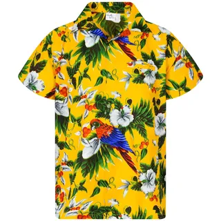 King Kameha Funky Hawaii-Hemd, Herren, Kurzarm, Cherry-Parrot, Gelb, M