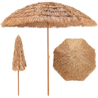 Pincho Sonnenschirm aus Stroh, Außenterrasse, 200 cm, Hawaii-Sonnenschirm, Garten- / Strandschirm aus Fiberglas, Polyestergewebe + PP, lackiertes Stahlrohr in Holzfarbe, beige, 200cm