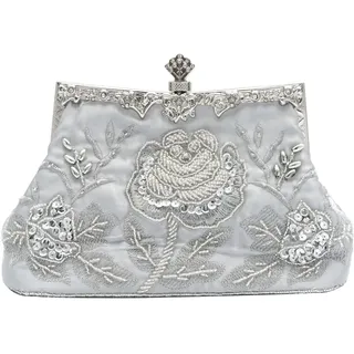 CORIOS Vintage 1920s Abendtasche Floral Clutch Tasche Damen Handgemachte Perle Handtasche Elegante Schultertasche Kette Umhängetasche Klein Tasche Hochzeit Bankett-Party Abschlussball Tasche Silber