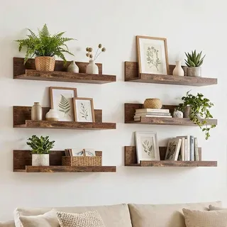 FurnitureR Bilderleiste Wandregal 6er Set Vintage Braun 40 cm, Wandboard mit Schutzkante, Schweberegal Holz für Bilderrahmen Bücher Gewürze Dekoration, Wandregal für Wohnzimmer Küche Bad Kinderzimmer