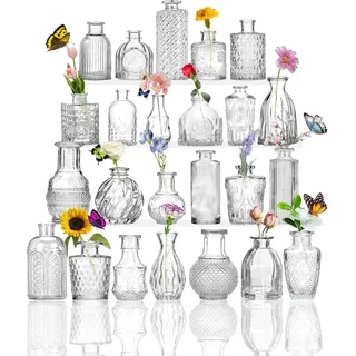 Kleine Glasvasen Set von 24, für Tischdekoration, Hochzeit, Empfang, Zuhause, Vintage-Flaschen, Transparent, Dekorative Glasvasen mit Deckeln(24, Transparent)