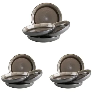MÄSER Serie Niara, Modernes Suppenteller Set für 4 Personen in aufregendem Vintage Look, große tiefe Teller für Pasta und Suppen aus Keramik, Steinzeug, Grau/Schwarz (Packung mit 3)