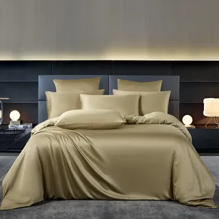 YASMENG Bambus Bettwäsche 200x200 Beige Uni Einfarbig 50% Bambus Lyocell Bettwäsche Kühlend Weich Atmungsaktiv Luxus Seidig Seide Bettbezug Set 3 Teilig mit Reißverschluss und 2 Kissenbezüge 80x80 cm