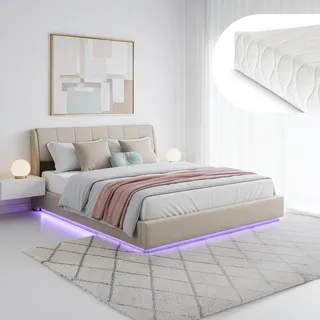 LED Polsterbett 'Tröstiar' mit Bettkasten und Matratze Leinen 180 x 200 cm Beige - Beige