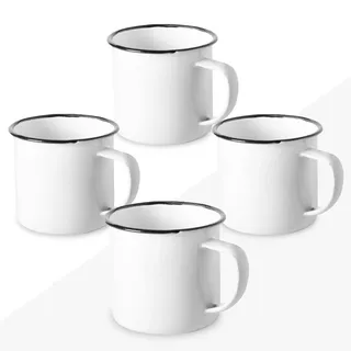 FUN FAN LINE - 4er-Set Retro-Emaillebecher aus Metall, Weiß | Hohe Vintage-Frühstücksbecher mit 380ml Volumen | Originelle Tasse für Kaffee, Tee | Das perfekte Tassen-Set als Geschenkidee