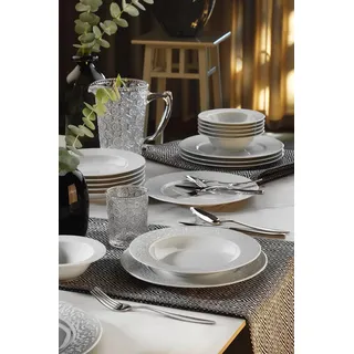 Elegant 18-Piece Dinner Set, 100% Porcelain | Includes 6 Service Plates (27 cm), 6 Deep Plates (21 cm), 6 Bowls (16 cm) | Dishwasher & Microwave Safe