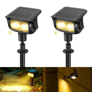 CREATESTAR 2 Stück Solarlampen für Außen mit Bewegungsmelder,3000K Warmwei | 4 Modi Helligkeitsmodi, Erdspieß & Wandmontage,IP65 Wasserdicht Solar Gartenstrahler für Bäume, Hof, Gehweg
