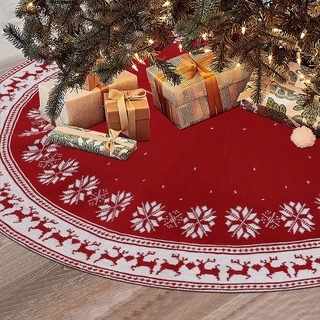 Dremisland Große Weihnachtsbaum Rock, 122cm Rot Gestrickte Weihnachtsbaumdecke Teppich Schneeflocken Rentier Baumdecke Christbaumdecke Rund Christbaumständer Matte Zuhause Feier Weihnachtsbaum Deko