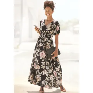Maxikleid LASCANA, Damen, Gr. 36, N-Gr, schwarz (schwarz bedruckt), Web, Obermaterial: 100% Viskose, bedruckt, geblümt, figurumspielend bodenlang, V-Ausschnitt, Kleider Maxikleid, mit Blumendruck und leichten Puffärmeln, Sommerkleid, casual-elegant, Topseller