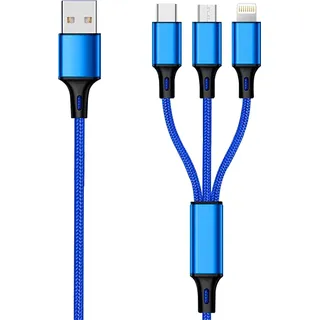 2GO 3in1 USB Ladekabel Micro-USB,Apple,TypeC Nylon 1,5m blau - Schwarz, Blau