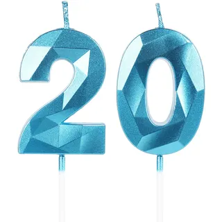 Geburtstagskerzen Zahl 20 Blau - 3D Blaue Kerzen zum 20 Geburtstagsdeko (Nummer 20 Kerze, Tortenkerzen) Geburtstagsparty, Feier
