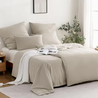 ATsense Bettwäsche 155x220 Baumwolle 4teilig, Stonewashed Bettwäsche-Sets Beige Ähnlich wie Leinen, Oeko-TEX, Hypoallergen und Atmungsaktiv, 2 Bettbezug und 2 Kissenbezug 80x80