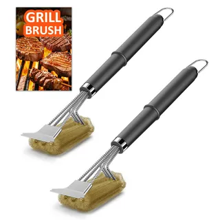 [2 Pack] Grillbürste Messing, TNTOR Grill Messingbürste mit Langer Borsten, Edelstahl Spatel und Extra Langer Wärmedämmung Griff, für Gasgrill, Holzkohlegrill, Kugelgrill, Elektrogrill und Grillrost.