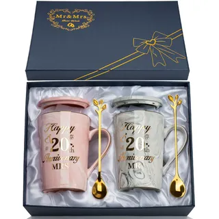 20. hochzeitstag Tasse, 20 Hochzeitstag Geschenk für Frauen Männer Paare, 20 Jahre Jubiläum Geschenk 2PCS Mr Mrs Keramik Marmor Tassen Set 14 Oz, mit Karte, Löffel, Geschenkbox