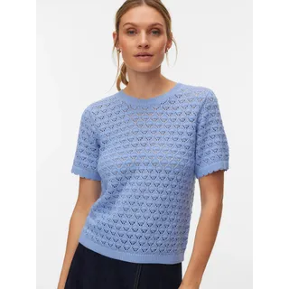 Stricktop VERO MODA "VMJAQUELINE SS O-NECK TOP BOO", Damen, Gr. M, brunnera blau, Obermaterial: 60% Baumwolle, 40% Polyacryl, unifarben, regular fit normal, Rundhals, Tops Stricktop, mit zartem Muster
