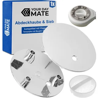Abdeckhaube Set mit Haarsieb für Duschabfluss, Ø 115 mm, kompatibel mit Viega Tempoplex Ablauf ab Baujahr 2006, verchromter ABS ASA Deckel, weisser Haarfilter, Kappe Dusche Abfluss, Garnitur Abdeckung
