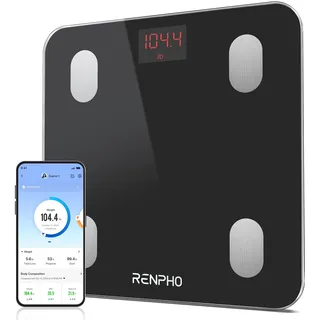 RENPHO Personenwaage Digital mit APP 180 kg, Waage Personen mit Körperfett und Muskelmasse mit 13 Messwerten, Bluetooth Körperfettwaage für Baby und Schwangere, Schwarz