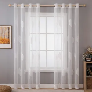 MIULEE Wohnzimmer Vorhänge Transparent mit Weiss Blätter Muster, Extra Lange Stickerei Gardinen Ösen für Schlafzimmer Deko, 2er Set Schöne Blätter Muster Vorhang Fenster H 300 x B 140