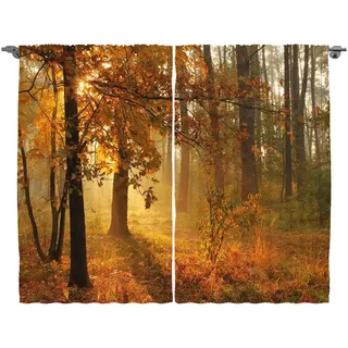 ABAKUHAUS Herbst Rustikaler Gardine, Misty Herbstwald, Schlafzimmer Kräuselband Vorhang mit Schlaufen und Haken, 280 x 245 cm, Orange Braun Grün